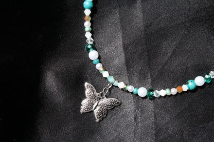 Handmade, Whispering Lagoon, Butterfly Charm, Beaded Necklace | Waterproof Stainless Steel