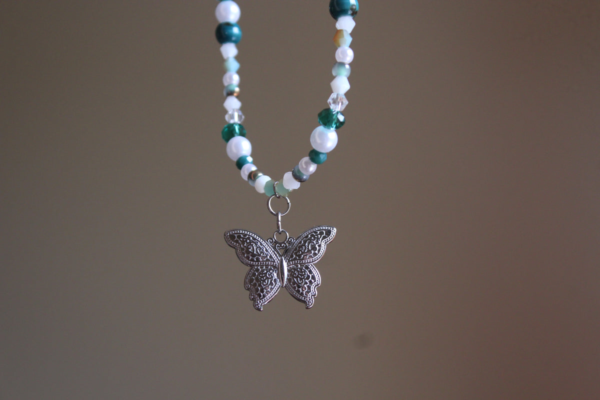 Handmade, Whispering Lagoon, Butterfly Charm, Beaded Necklace | Waterproof Stainless Steel