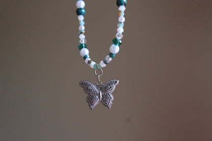 Handmade, Whispering Lagoon, Butterfly Charm, Beaded Necklace | Waterproof Stainless Steel