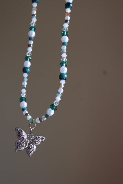 Handmade, Whispering Lagoon, Butterfly Charm, Beaded Necklace | Waterproof Stainless Steel