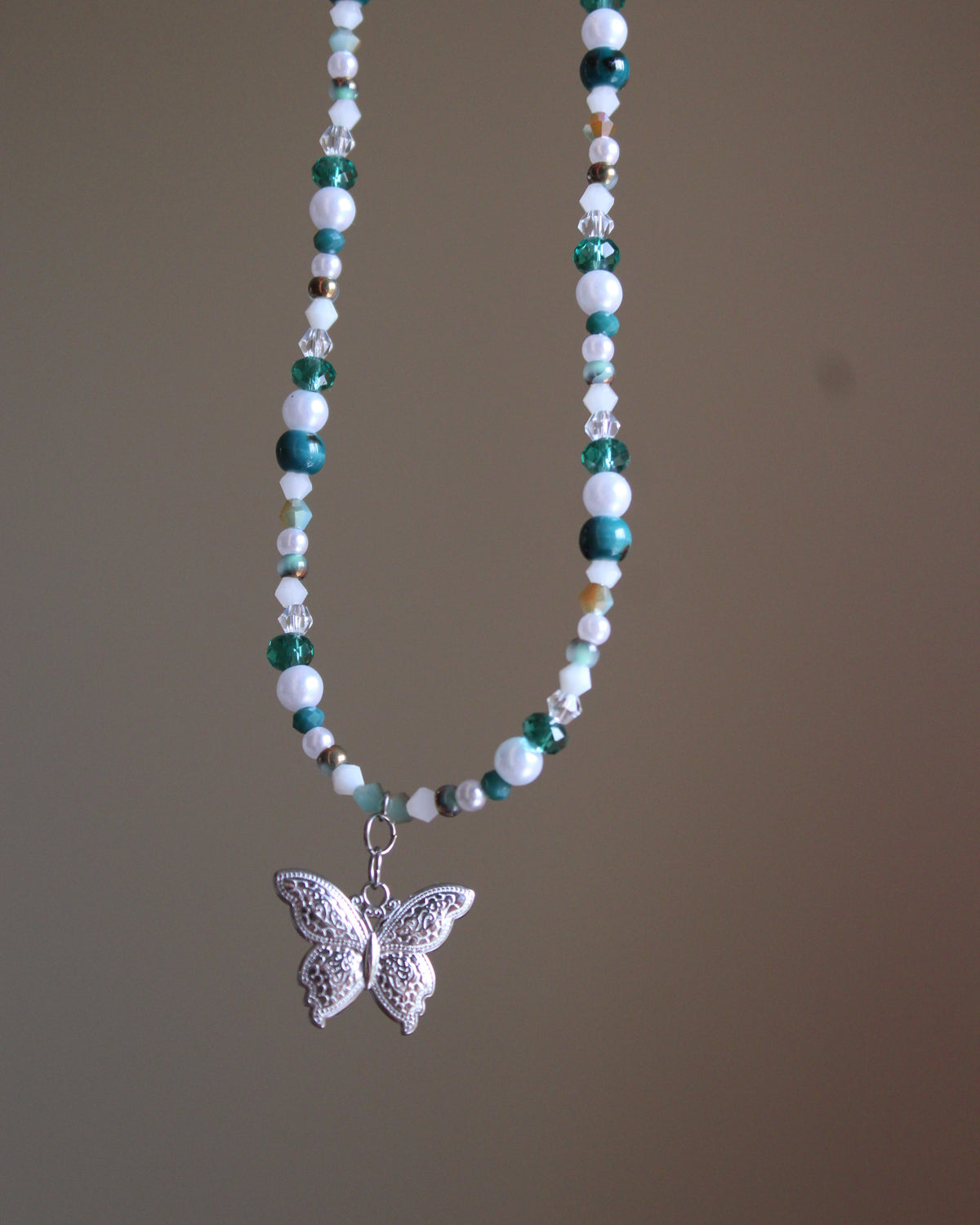 Handmade, Whispering Lagoon, Butterfly Charm, Beaded Necklace | Waterproof Stainless Steel