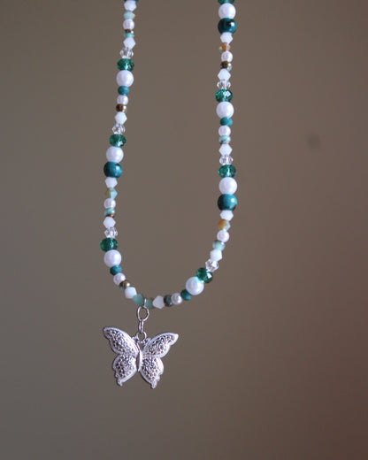 Handmade, Whispering Lagoon, Butterfly Charm, Beaded Necklace | Waterproof Stainless Steel