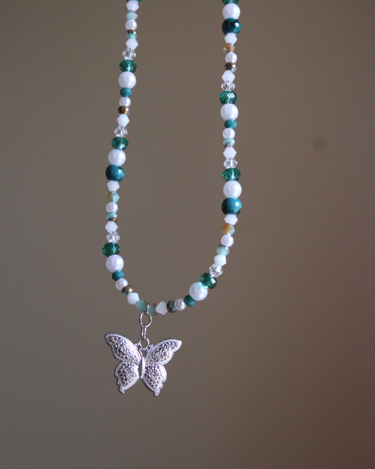 Handmade, Whispering Lagoon, Butterfly Charm, Beaded Necklace | Waterproof Stainless Steel
