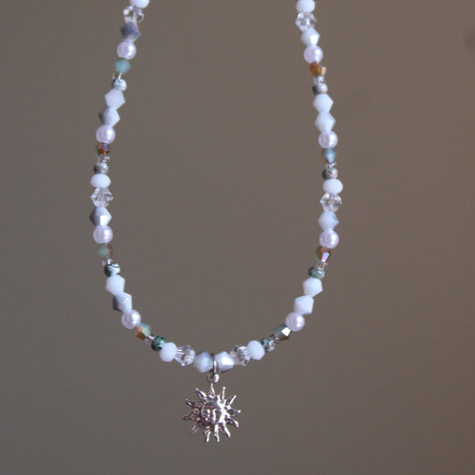 Handmade, Dainty, Cloudy Forest Sky, Sun Charm, Beaded Necklace | Waterproof Stainless Steel