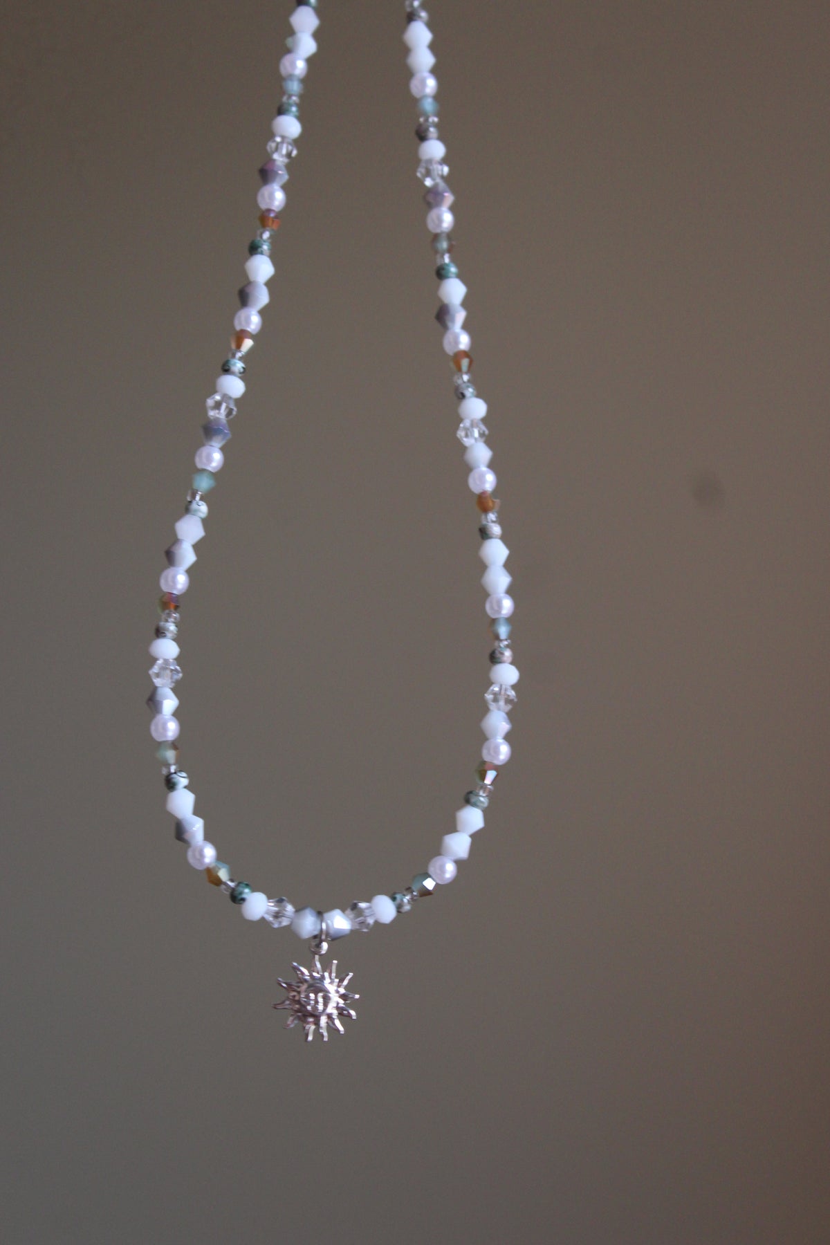 Handmade, Dainty, Cloudy Forest Sky, Sun Charm, Beaded Necklace | Waterproof Stainless Steel
