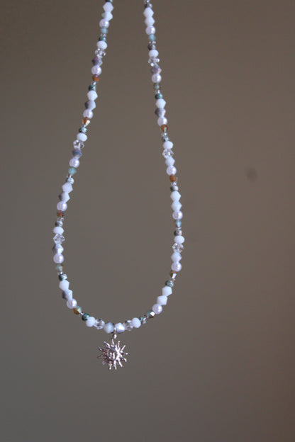 Handmade, Dainty, Cloudy Forest Sky, Sun Charm, Beaded Necklace | Waterproof Stainless Steel
