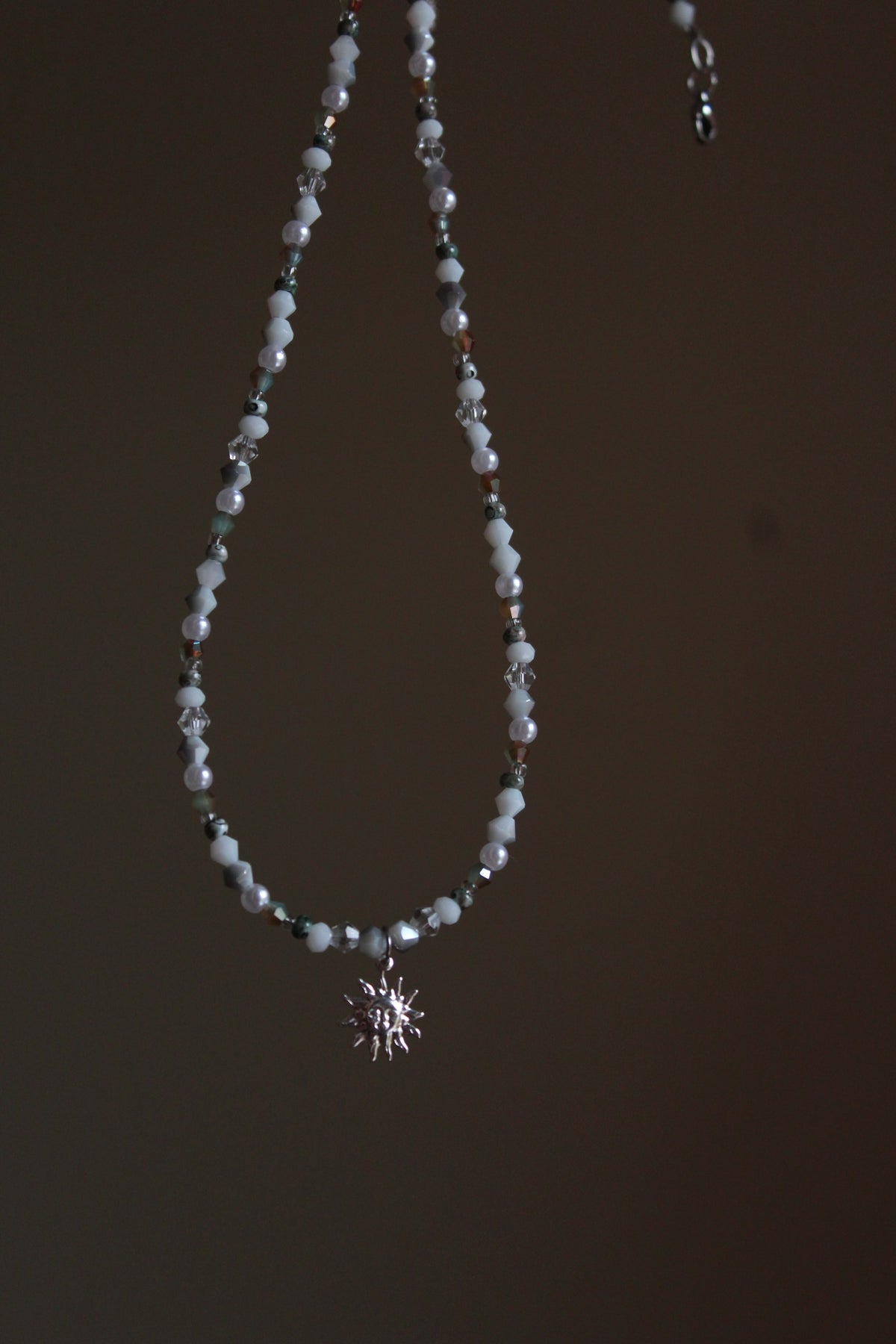 Handmade, Dainty, Cloudy Forest Sky, Sun Charm, Beaded Necklace | Waterproof Stainless Steel