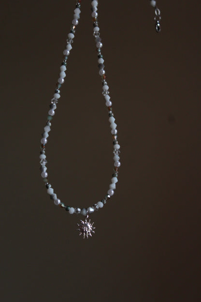 Handmade, Dainty, Cloudy Forest Sky, Sun Charm, Beaded Necklace | Waterproof Stainless Steel