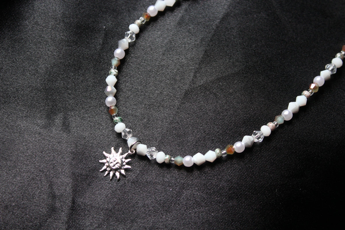 Handmade, Dainty, Cloudy Forest Sky, Sun Charm, Beaded Necklace | Waterproof Stainless Steel