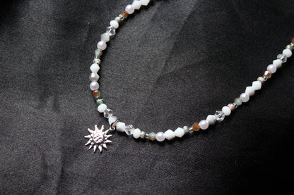 Handmade, Dainty, Cloudy Forest Sky, Sun Charm, Beaded Necklace | Waterproof Stainless Steel