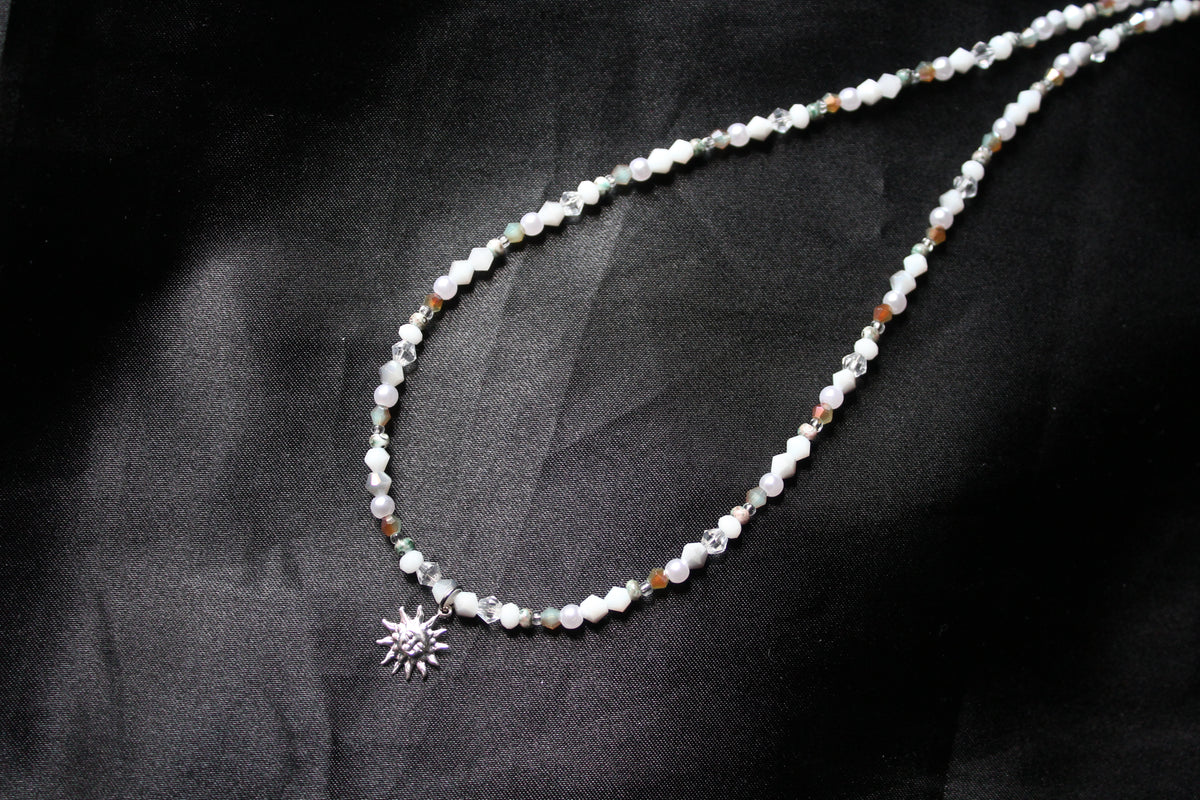 Handmade, Dainty, Cloudy Forest Sky, Sun Charm, Beaded Necklace | Waterproof Stainless Steel