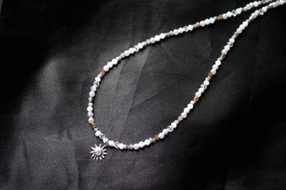 Handmade, Dainty, Cloudy Forest Sky, Sun Charm, Beaded Necklace | Waterproof Stainless Steel