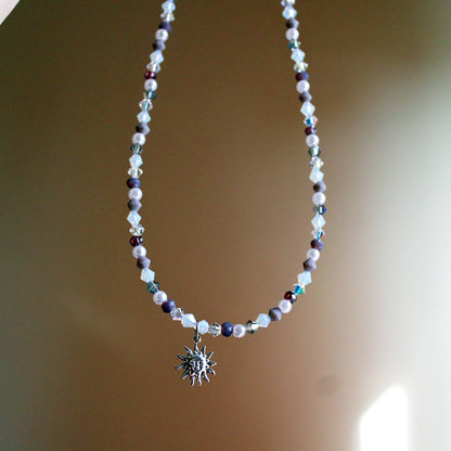 Handmade, Dainty, Lavender Garden, Sun Charm, Beaded Necklace | Waterproof Stainless Steel