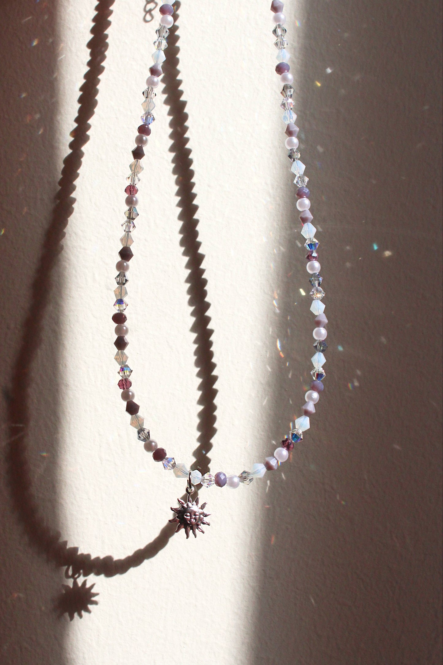 Handmade, Dainty, Lavender Garden, Sun Charm, Beaded Necklace | Waterproof Stainless Steel