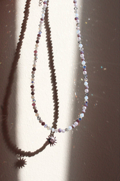 Handmade, Dainty, Lavender Garden, Sun Charm, Beaded Necklace | Waterproof Stainless Steel