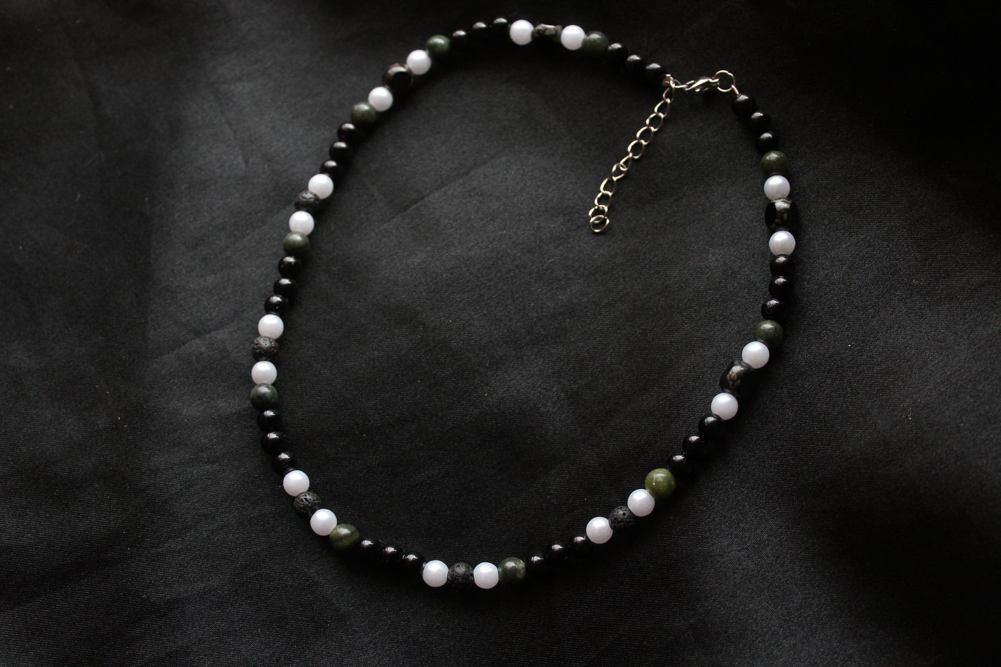 Handmade, Shadowed Moss Grove, Forest, Serpentine Stone, Beaded Necklace | Waterproof Stainless Steel