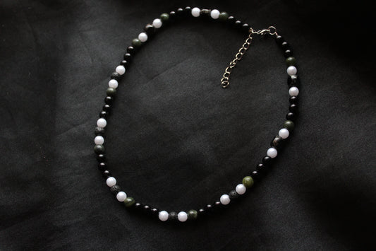 Handmade, Shadowed Moss Grove, Forest, Serpentine Stone, Beaded Necklace | Waterproof Stainless Steel