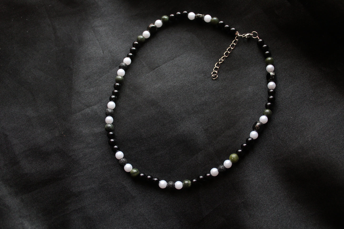 Handmade, Shadowed Moss Grove, Forest, Serpentine Stone, Beaded Necklace | Waterproof Stainless Steel