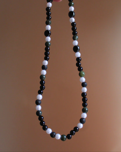 Handmade, Shadowed Moss Grove, Forest, Serpentine Stone, Beaded Necklace | Waterproof Stainless Steel