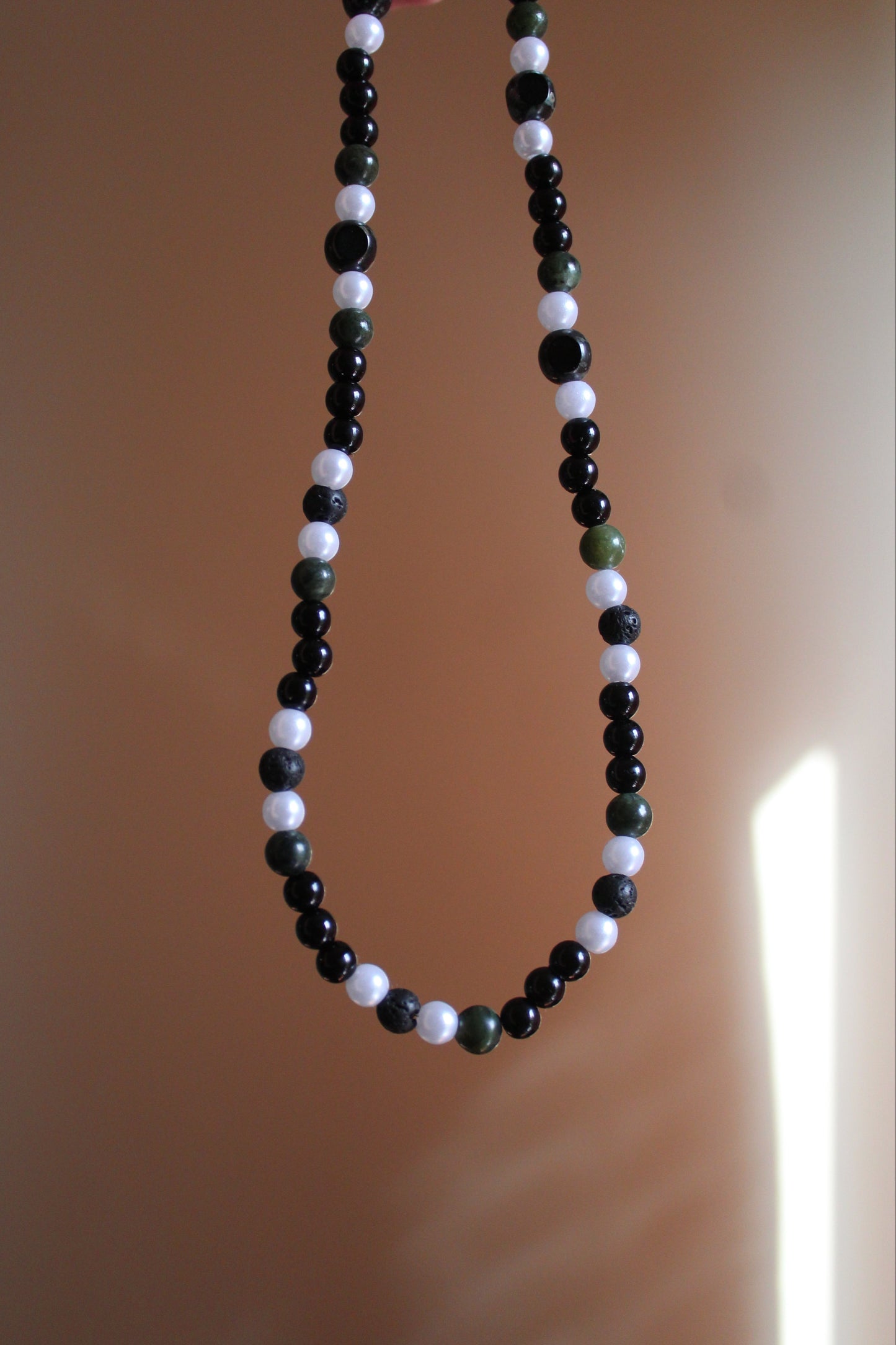 Handmade, Shadowed Moss Grove, Forest, Serpentine Stone, Beaded Necklace | Waterproof Stainless Steel