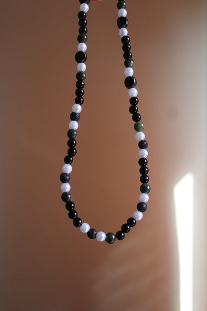 Handmade, Shadowed Moss Grove, Forest, Serpentine Stone, Beaded Necklace | Waterproof Stainless Steel
