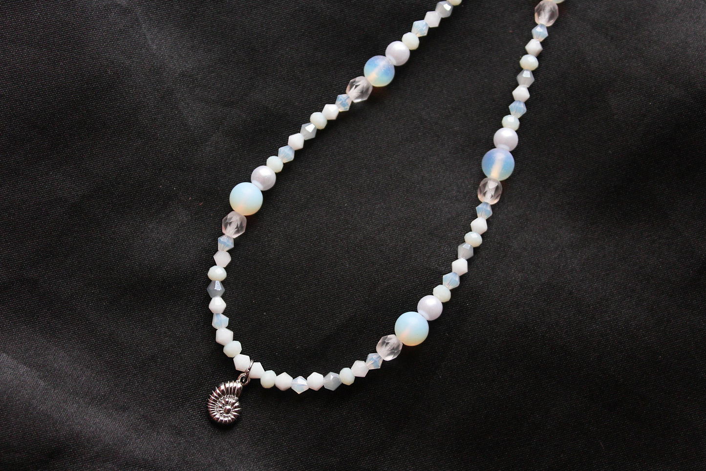 Handmade, Mermaid's Fossil Bay, Opalite Stone, Crystal, Shell Fossil Charm, Beaded Necklace | Waterproof Stainless Steel