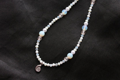 Handmade, Mermaid's Fossil Bay, Opalite Stone, Crystal, Shell Fossil Charm, Beaded Necklace | Waterproof Stainless Steel