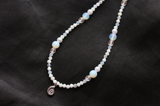 Handmade, Mermaid's Fossil Bay, Opalite Stone, Crystal, Shell Fossil Charm, Beaded Necklace | Waterproof Stainless Steel
