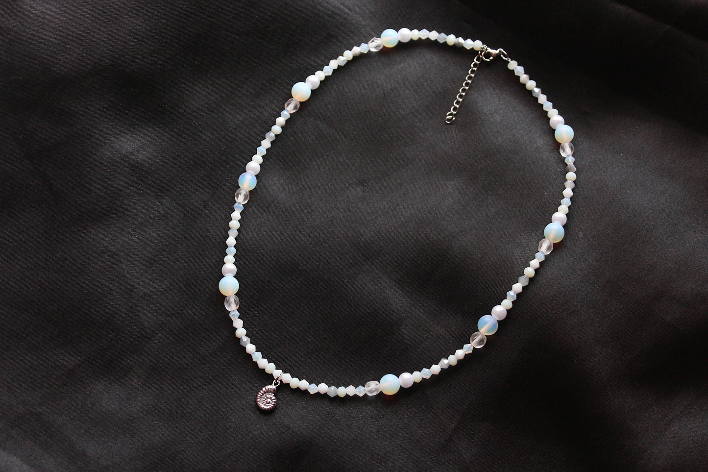 Handmade, Mermaid's Fossil Bay, Opalite Stone, Crystal, Shell Fossil Charm, Beaded Necklace | Waterproof Stainless Steel