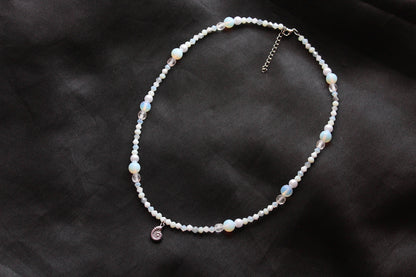 Handmade, Mermaid's Fossil Bay, Opalite Stone, Crystal, Shell Fossil Charm, Beaded Necklace | Waterproof Stainless Steel