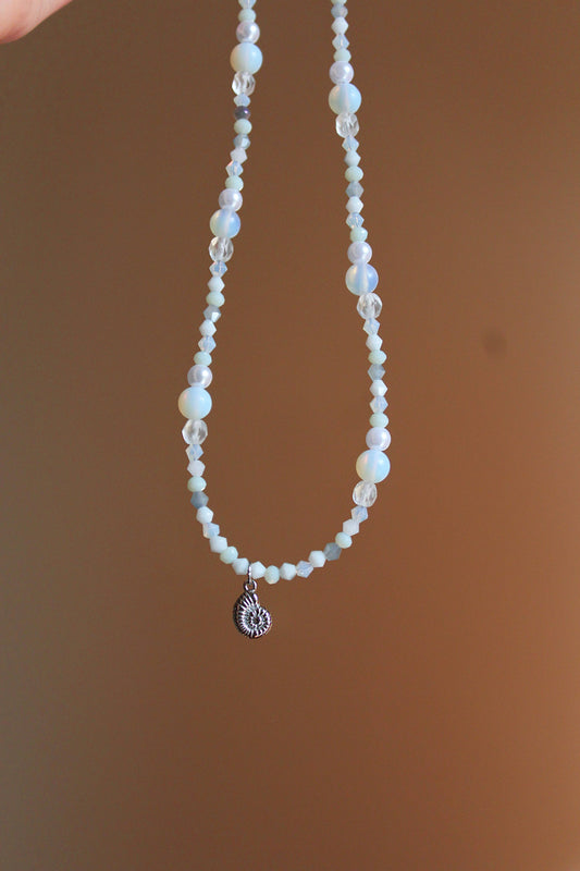 Handmade, Mermaid's Fossil Bay, Opalite Stone, Crystal, Shell Fossil Charm, Beaded Necklace | Waterproof Stainless Steel