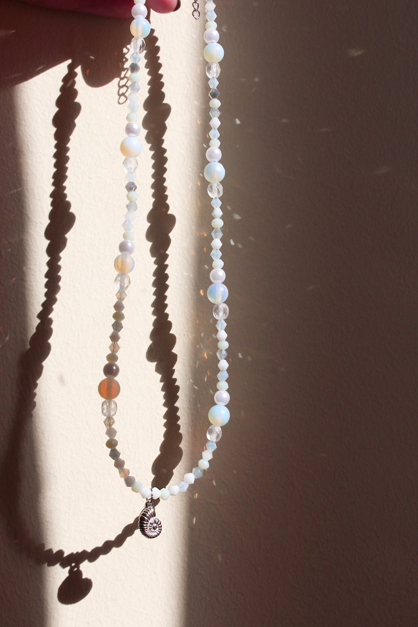 Handmade, Mermaid's Fossil Bay, Opalite Stone, Crystal, Shell Fossil Charm, Beaded Necklace | Waterproof Stainless Steel