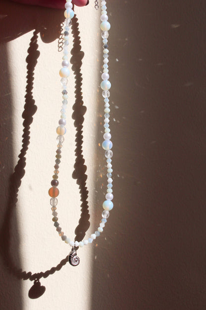 Handmade, Mermaid's Fossil Bay, Opalite Stone, Crystal, Shell Fossil Charm, Beaded Necklace | Waterproof Stainless Steel