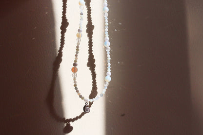 Handmade, Mermaid's Fossil Bay, Opalite Stone, Crystal, Shell Fossil Charm, Beaded Necklace | Waterproof Stainless Steel