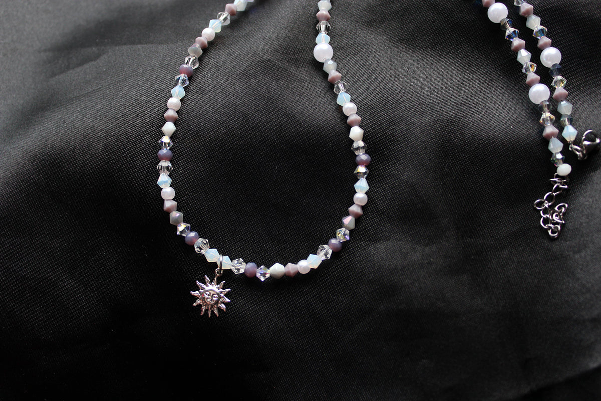 Handmade, Dainty, Lavender Garden, Sun Charm, Beaded Necklace | Waterproof Stainless Steel