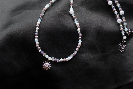 Handmade, Dainty, Lavender Garden, Sun Charm, Beaded Necklace | Waterproof Stainless Steel