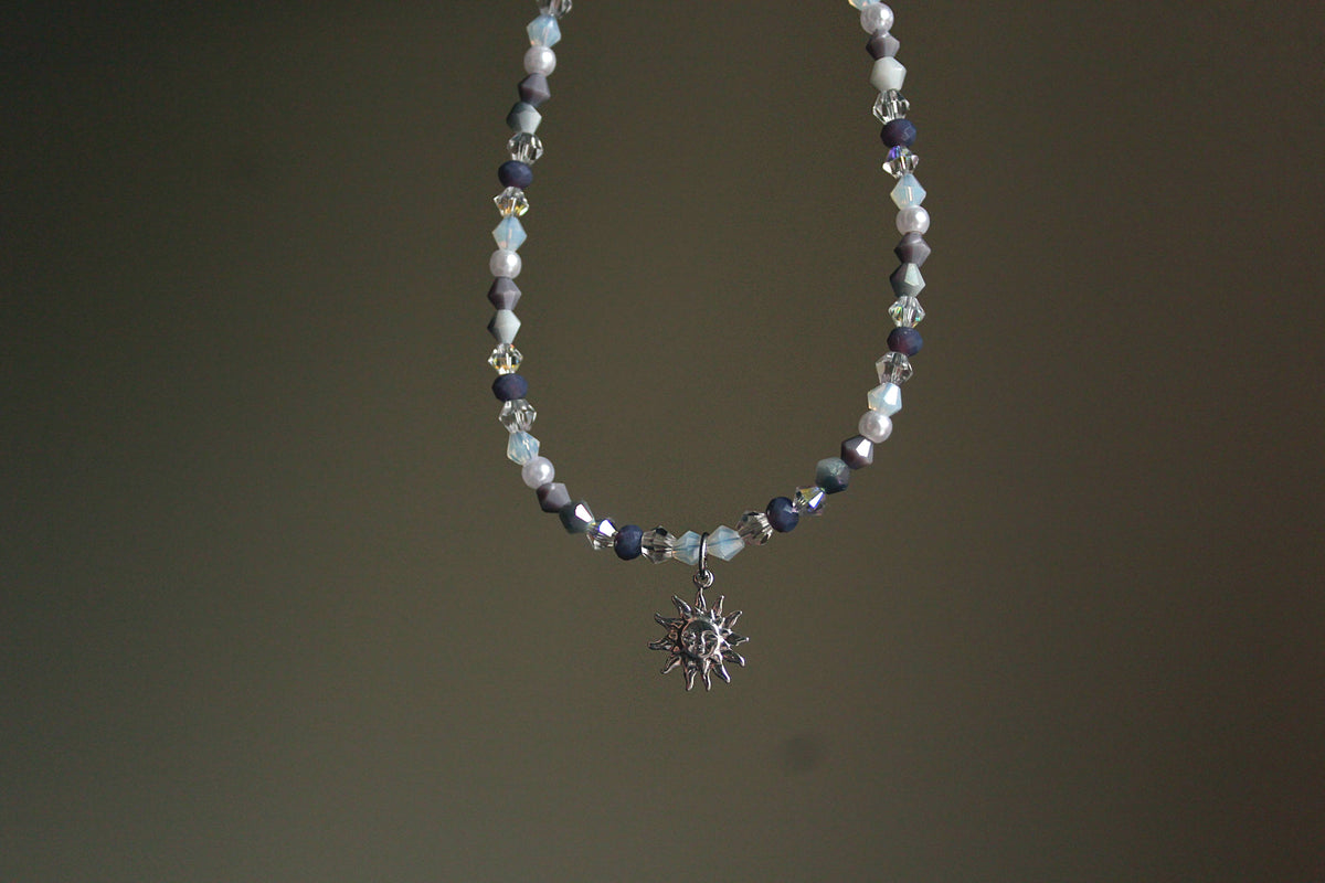 Handmade, Dainty, Lavender Garden, Sun Charm, Beaded Necklace | Waterproof Stainless Steel