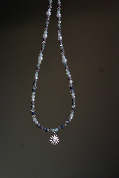 Handmade, Dainty, Lavender Garden, Sun Charm, Beaded Necklace | Waterproof Stainless Steel