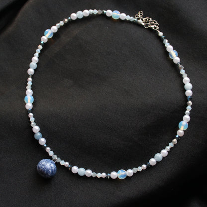 Handmade, Moonlit Berry Gatherer, Blueberry Charm, Beaded Necklace | Waterproof Stainless Steel