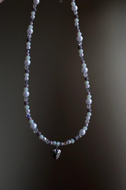 Handmade, Winter Morning, Heart Charm, Beaded Necklace | Waterproof Stainless Steel
