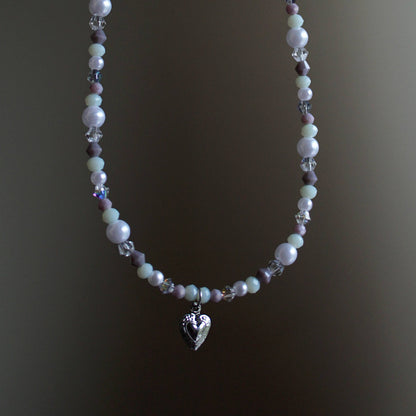 Handmade, Winter Morning, Heart Charm, Beaded Necklace | Waterproof Stainless Steel