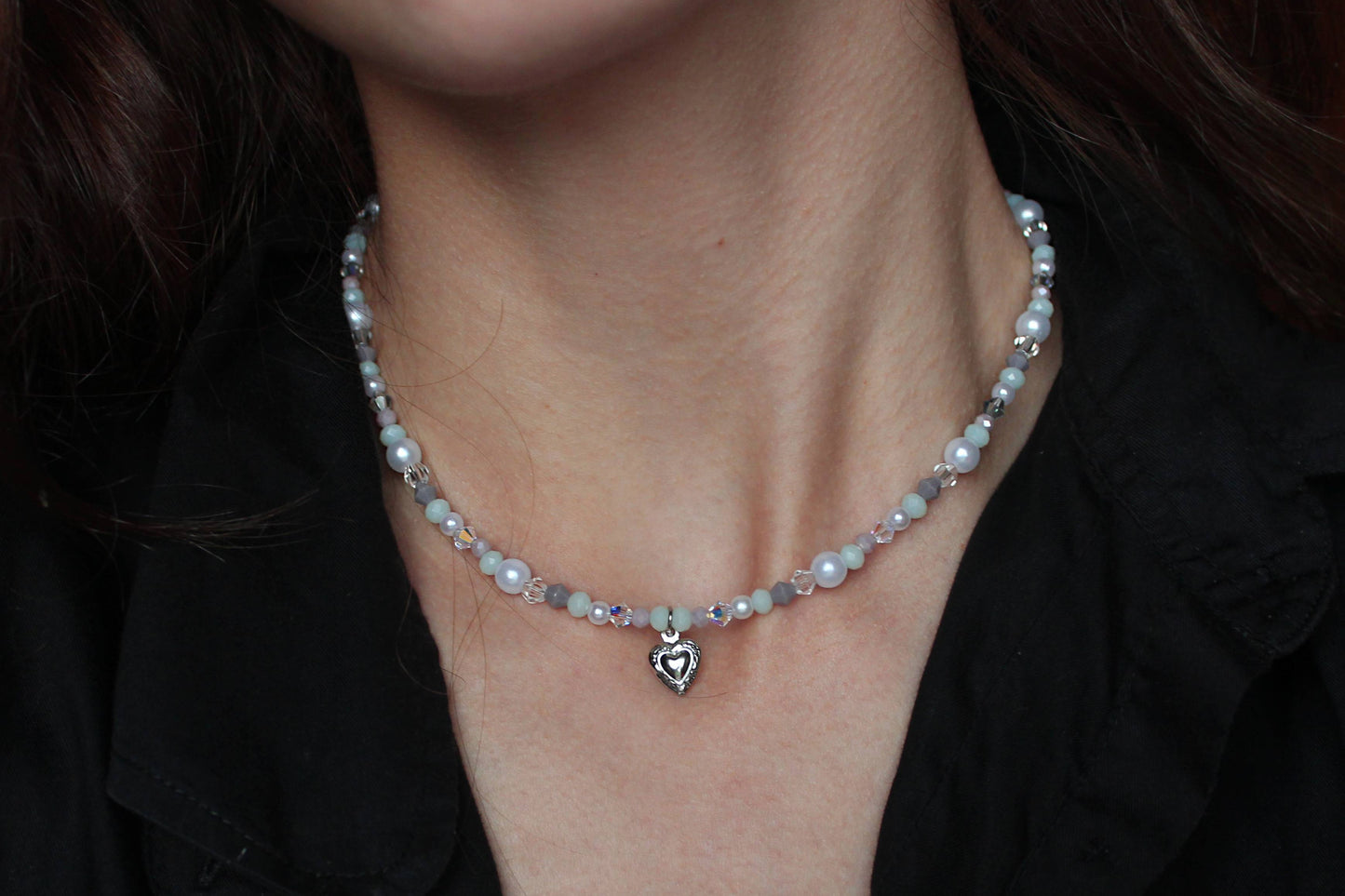 Handmade, Winter Morning, Heart Charm, Beaded Necklace | Waterproof Stainless Steel