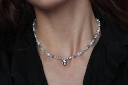 Handmade, Winter Morning, Heart Charm, Beaded Necklace | Waterproof Stainless Steel