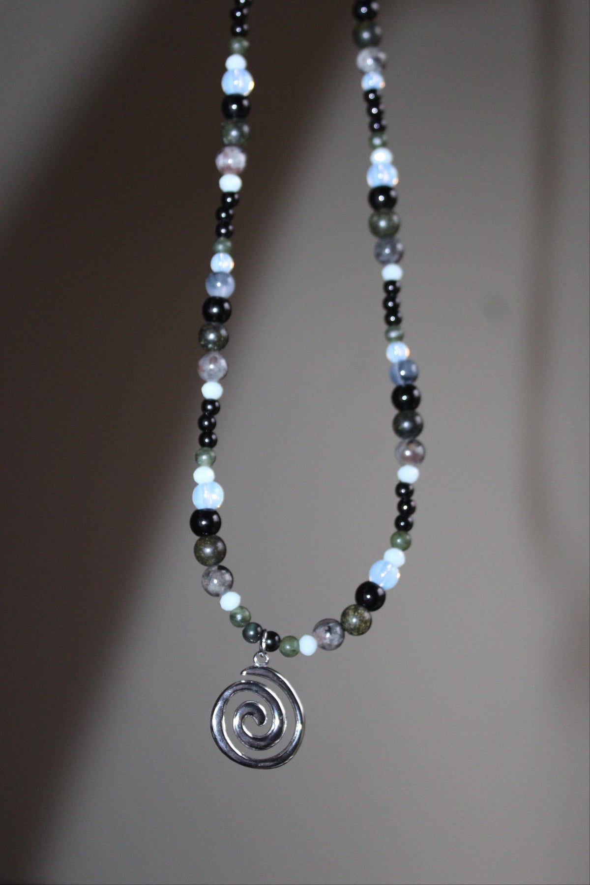 Handmade, Fire & Shadow, Spiral Charm, Yooperlite, Labradorite, Opalite, Beaded Necklace | Waterproof Stainless Steel