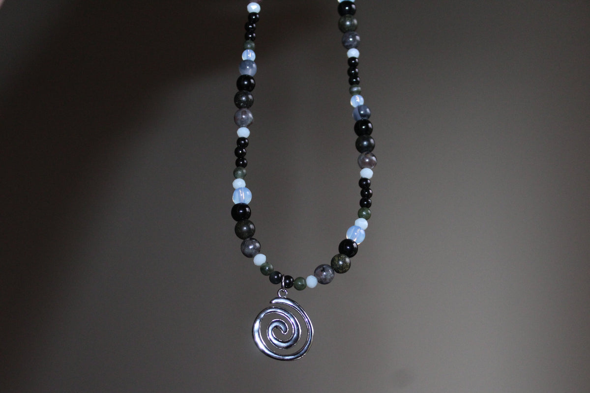 Handmade, Fire & Shadow, Spiral Charm, Yooperlite, Labradorite, Opalite, Beaded Necklace | Waterproof Stainless Steel