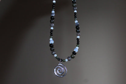 Handmade, Fire & Shadow, Spiral Charm, Yooperlite, Labradorite, Opalite, Beaded Necklace | Waterproof Stainless Steel
