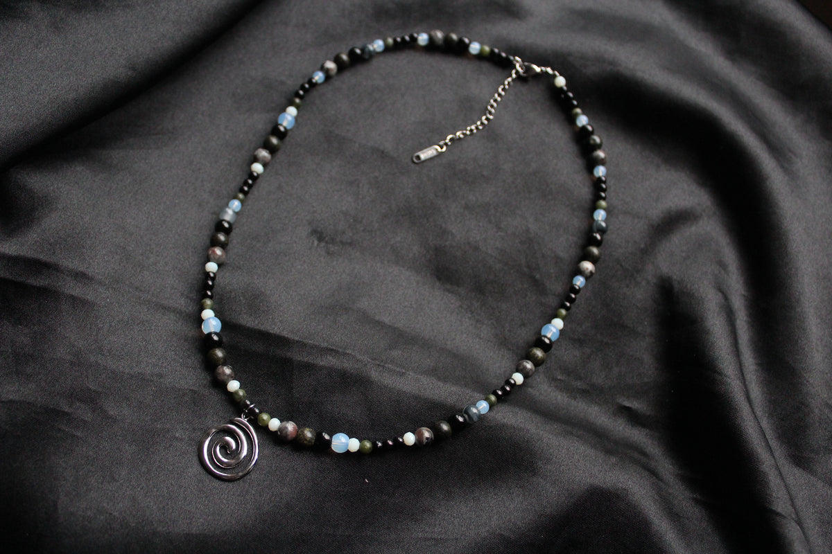 Handmade, Fire & Shadow, Spiral Charm, Yooperlite, Labradorite, Opalite, Beaded Necklace | Waterproof Stainless Steel