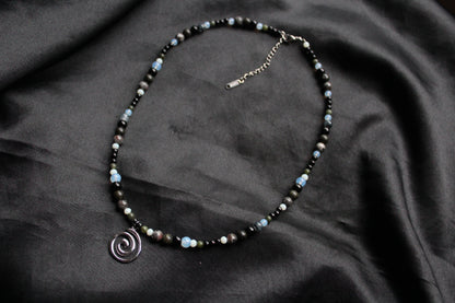 Handmade, Fire & Shadow, Spiral Charm, Yooperlite, Labradorite, Opalite, Beaded Necklace | Waterproof Stainless Steel