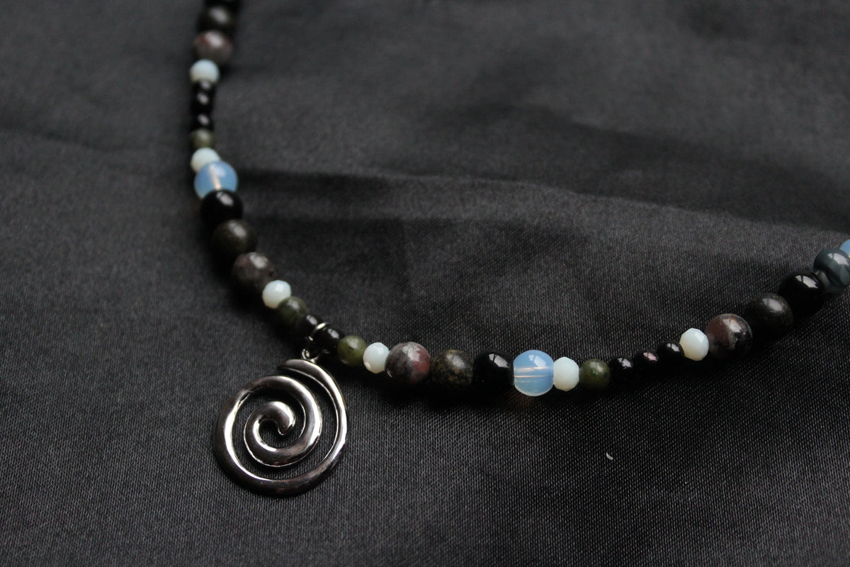 Handmade, Fire & Shadow, Spiral Charm, Yooperlite, Labradorite, Opalite, Beaded Necklace | Waterproof Stainless Steel