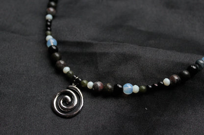Handmade, Fire & Shadow, Spiral Charm, Yooperlite, Labradorite, Opalite, Beaded Necklace | Waterproof Stainless Steel